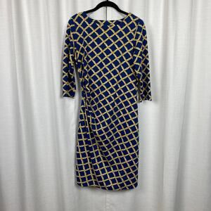 J. McLaughlin Blue&Gold Print Catalina Cloth 3/4 Sleeve Sheath Dress Sz.M